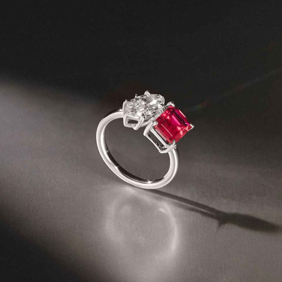 Toi Et Moi 1.50ct Marquise Lab Diamond and 3.30ct Emerald Cut Lab Ruby Engagement Ring in Platinum