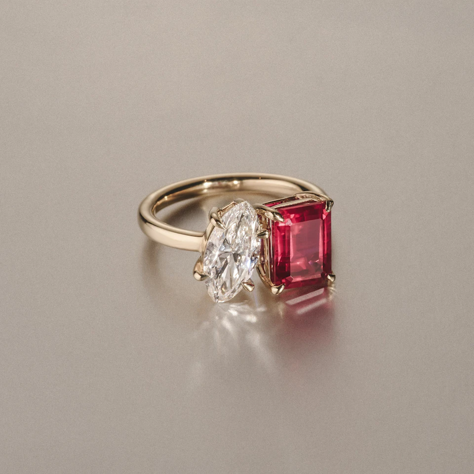 Toi Et Moi 1.50ct Marquise Lab Diamond and 3.30ct Emerald Cut Lab Ruby Engagement Ring in 18K Yellow Gold