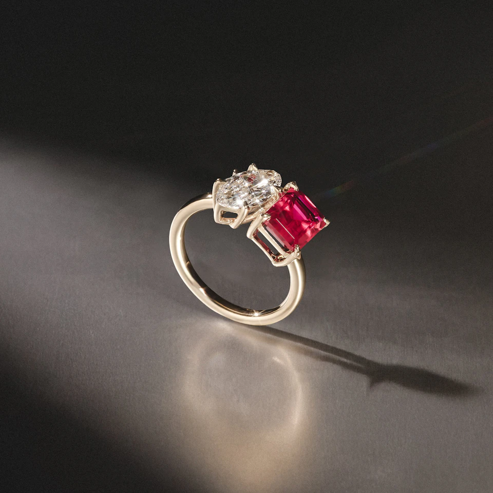 Toi Et Moi 1.50ct Marquise Lab Diamond and 3.30ct Emerald Cut Lab Ruby Engagement Ring in 18K Yellow Gold