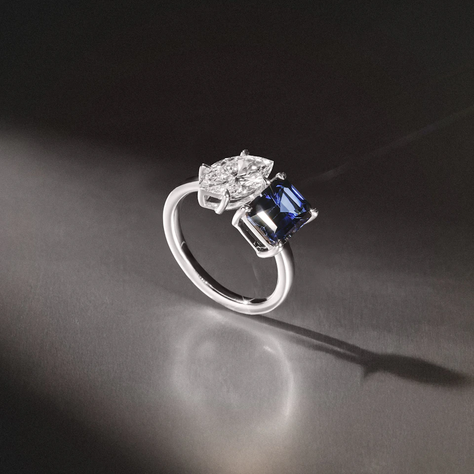Toi Et Moi 1.50ct Marquise Lab Diamond and 3.30ct Emerald Cut Lab Sapphire Engagement Ring in Platinum