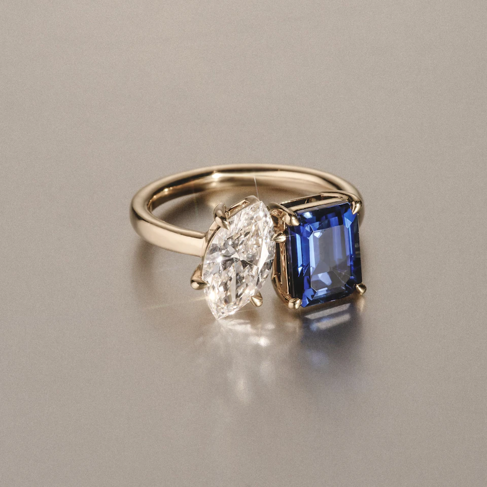 Toi Et Moi 1.50ct Marquise Lab Diamond and 3.30ct Emerald Cut Lab Sapphire Engagement Ring in 18K Yellow Gold