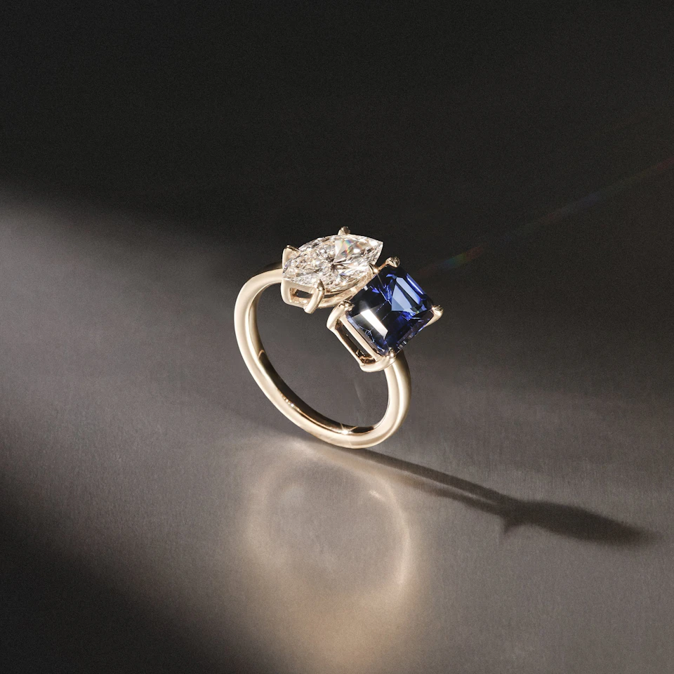 Toi Et Moi 1.50ct Marquise Lab Diamond and 3.30ct Emerald Cut Lab Sapphire Engagement Ring in 18K Yellow Gold