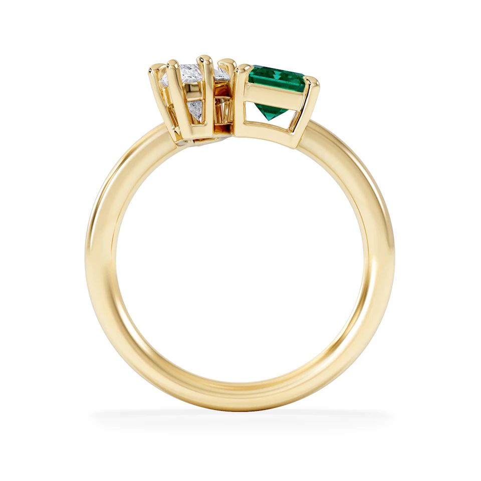 Toi Et Moi 1.50ct Marquise Lab Diamond and 3.30ct Emerald Cut Lab Emerald Engagement Ring in 18K Yellow Gold