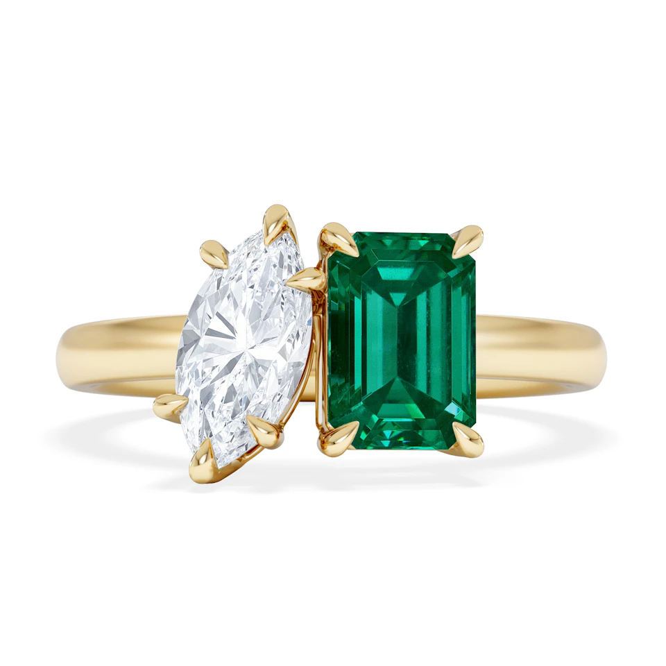 Toi Et Moi 1.50ct Marquise Lab Diamond and 3.30ct Emerald Cut Lab Emerald Engagement Ring in 18K Yellow Gold