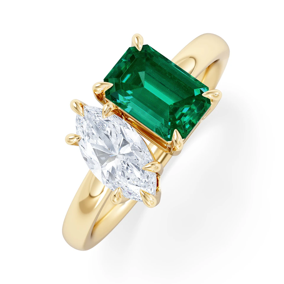 Toi Et Moi 1.50ct Marquise Lab Diamond and 3.30ct Emerald Cut Lab Emerald Engagement Ring in 18K Yellow Gold