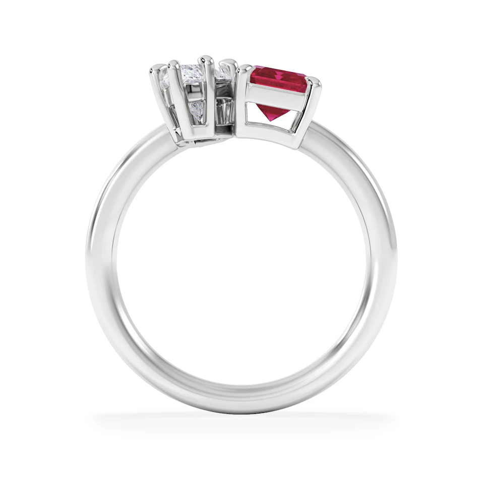 Toi Et Moi 1.50ct Marquise Lab Diamond and 3.30ct Emerald Cut Lab Ruby Engagement Ring in Platinum