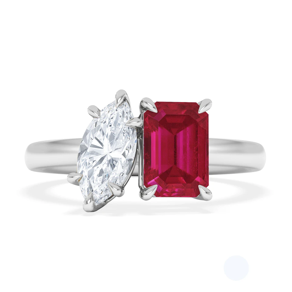Toi Et Moi 1.50ct Marquise Lab Diamond and 3.30ct Emerald Cut Lab Ruby Engagement Ring in Platinum