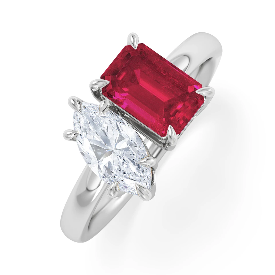 Toi Et Moi 1.50ct Marquise Lab Diamond and 3.30ct Emerald Cut Lab Ruby Engagement Ring in Platinum