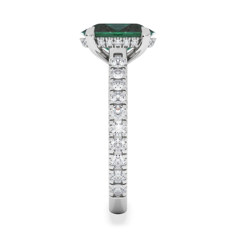 Amora Gem 2.00ct Oval Cut Lab Emerald Hidden Halo Engagement Ring with Side Stones in 18K White Gold