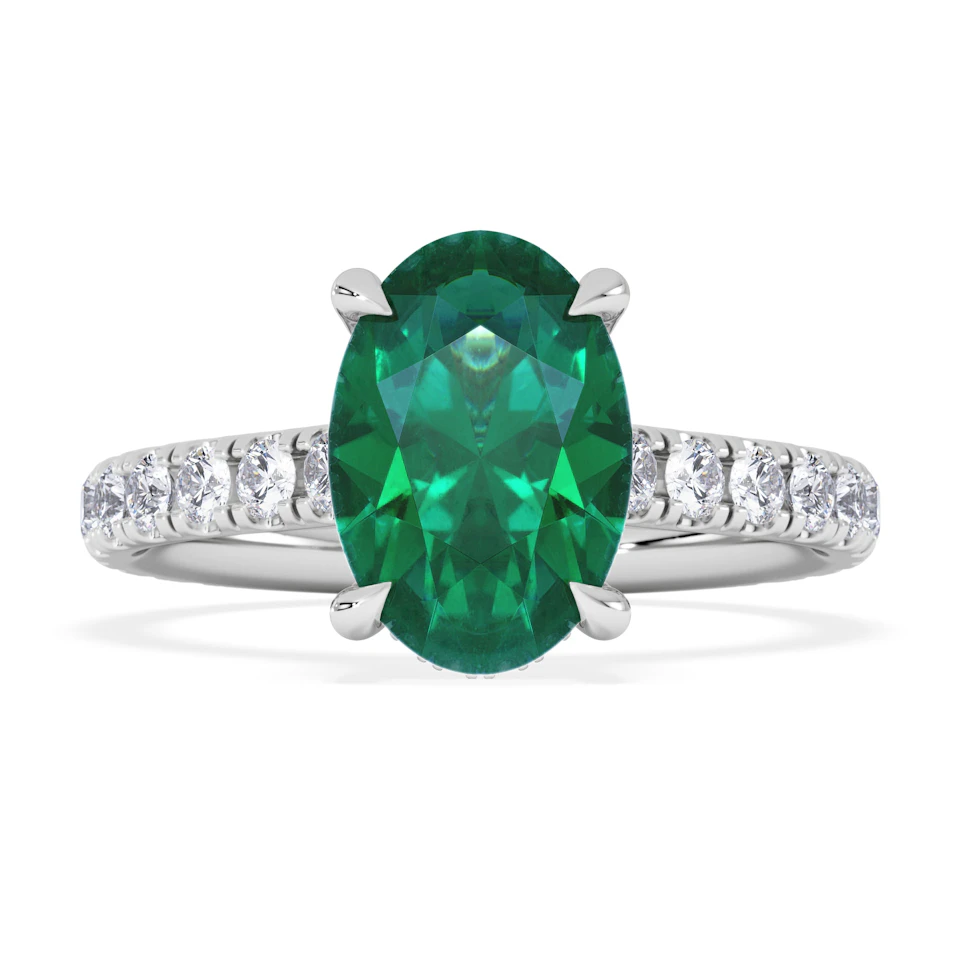 Amora Gem 2.00ct Oval Cut Lab Emerald Hidden Halo Engagement Ring with Side Stones in 18K White Gold