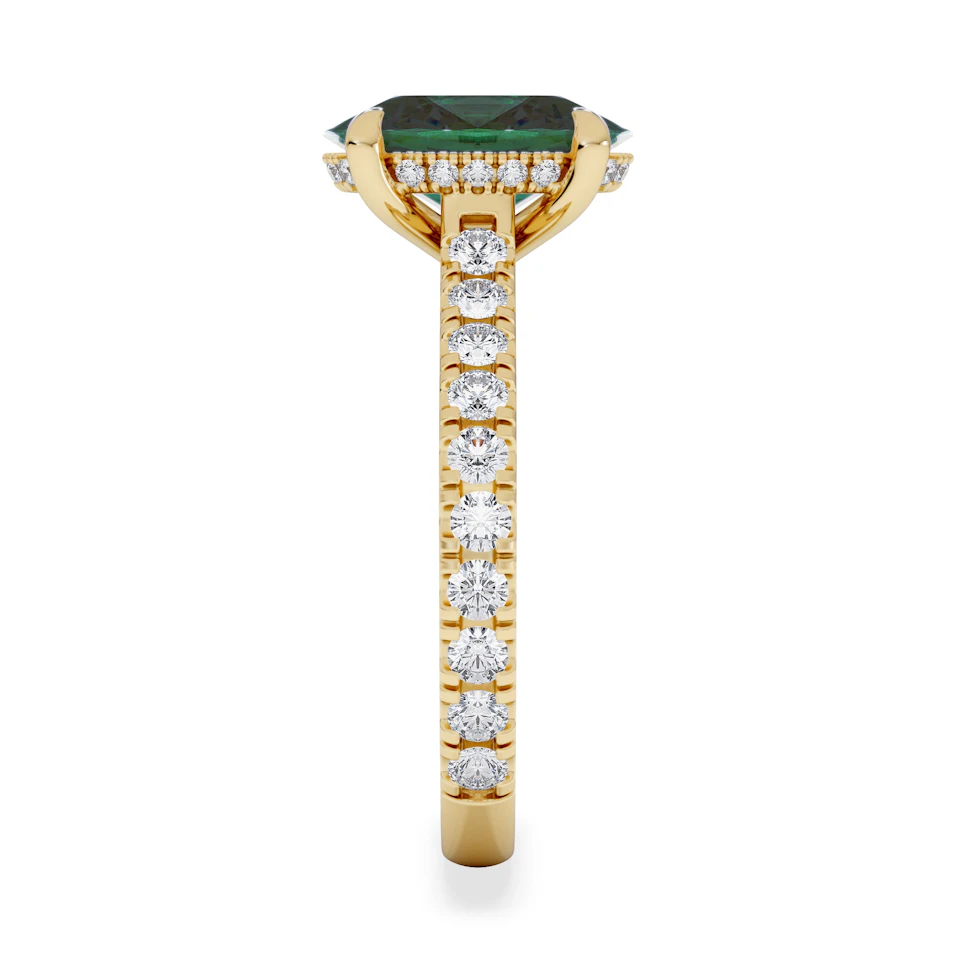 Amora Gem 2.00ct Oval Cut Lab Emerald Hidden Halo Engagement Ring with Side Stones in 18K Yellow Gold
