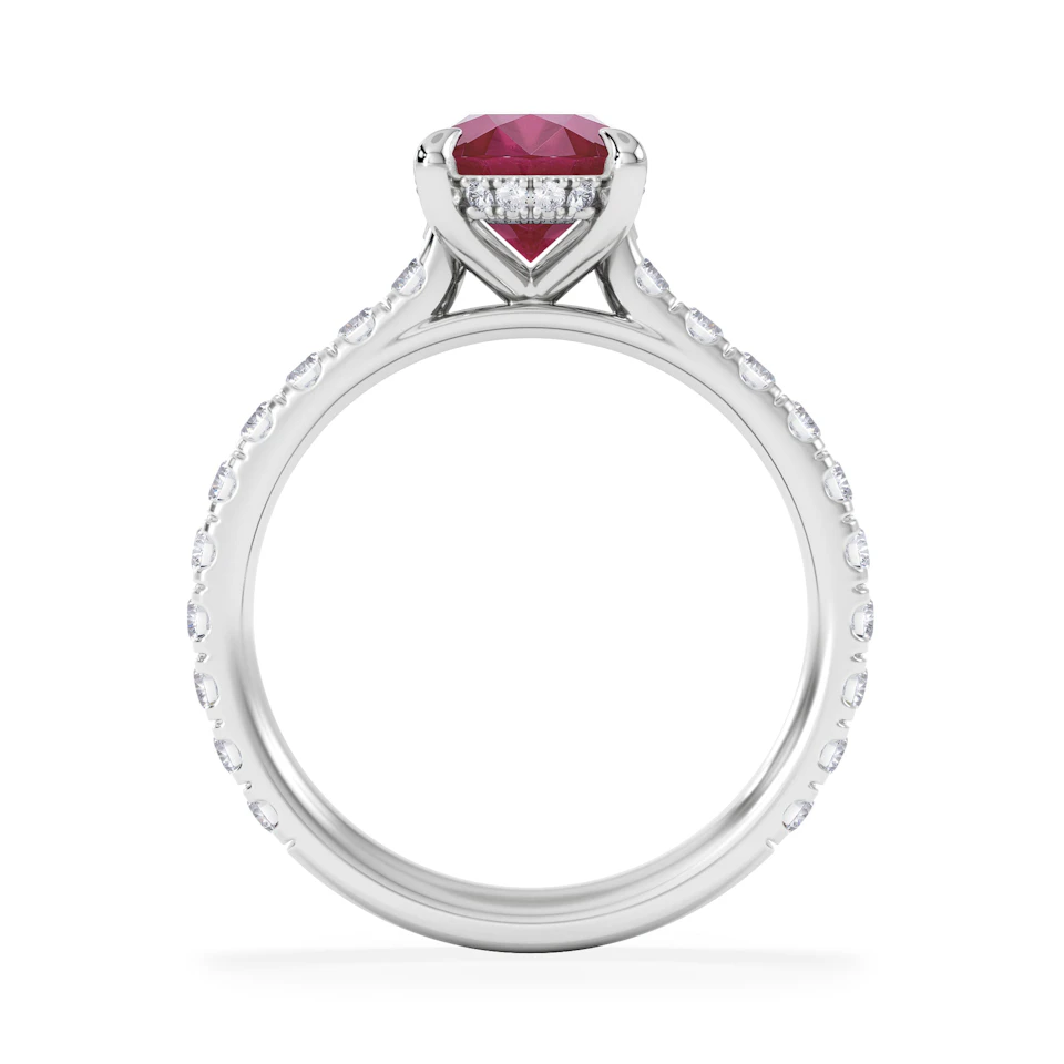 Amora Gem 2.00ct Oval Cut Lab Ruby Hidden Halo Engagement Ring with Side Stones in 18K White Gold