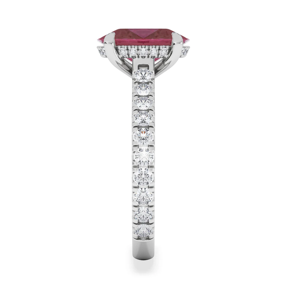 Amora Gem 2.00ct Oval Cut Lab Ruby Hidden Halo Engagement Ring with Side Stones in 18K White Gold