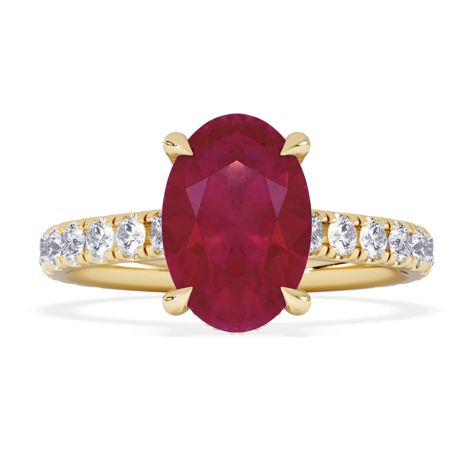 Amora Gem 2.00ct Oval Cut Lab Ruby Hidden Halo Engagement with Side Stones Ring in 18K Yellow Gold