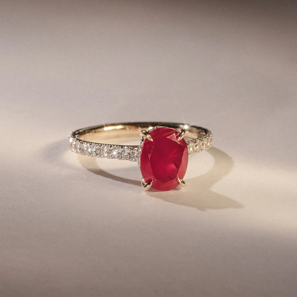 Amora Gem 2.00ct Oval Cut Lab Ruby Hidden Halo Engagement with Side Stones Ring in 18K Yellow Gold