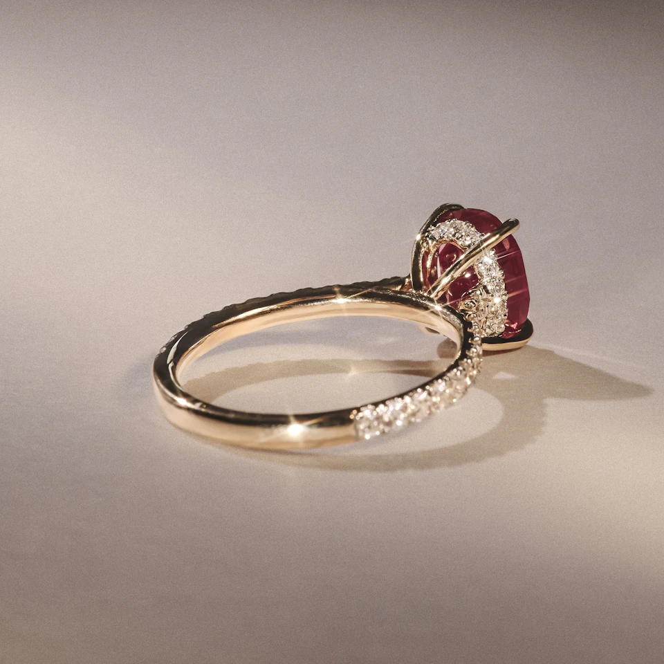 Amora Gem 2.00ct Oval Cut Lab Ruby Hidden Halo Engagement with Side Stones Ring in 18K Yellow Gold