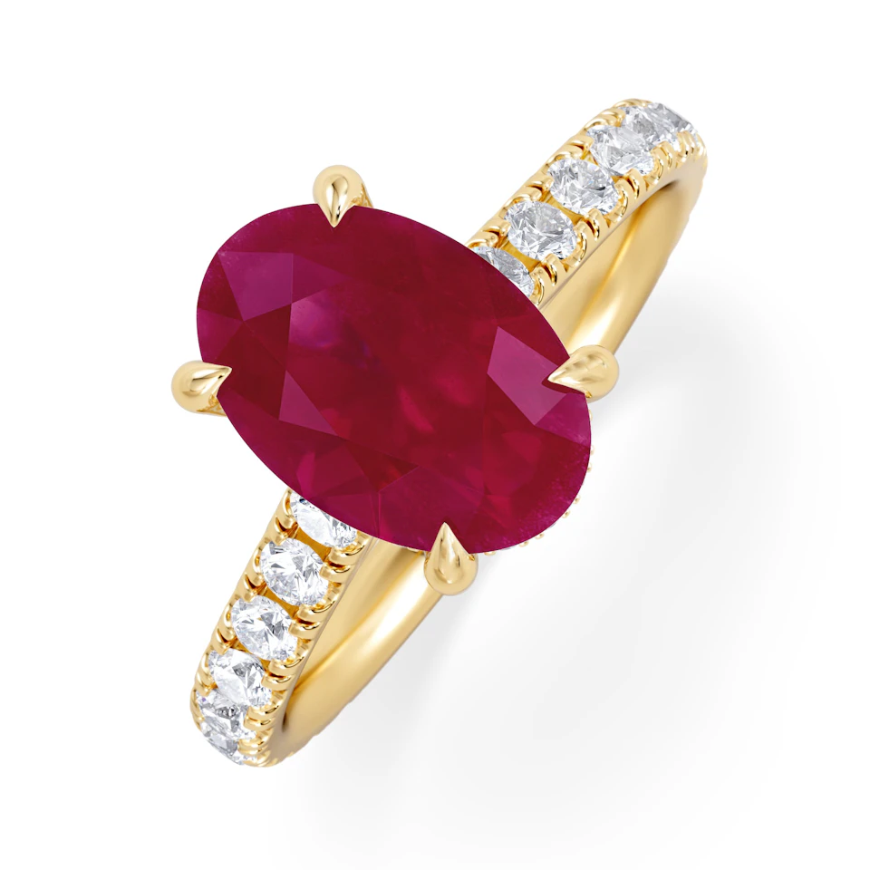 Amora Gem 2.00ct Oval Cut Lab Ruby Hidden Halo Engagement with Side Stones Ring in 18K Yellow Gold