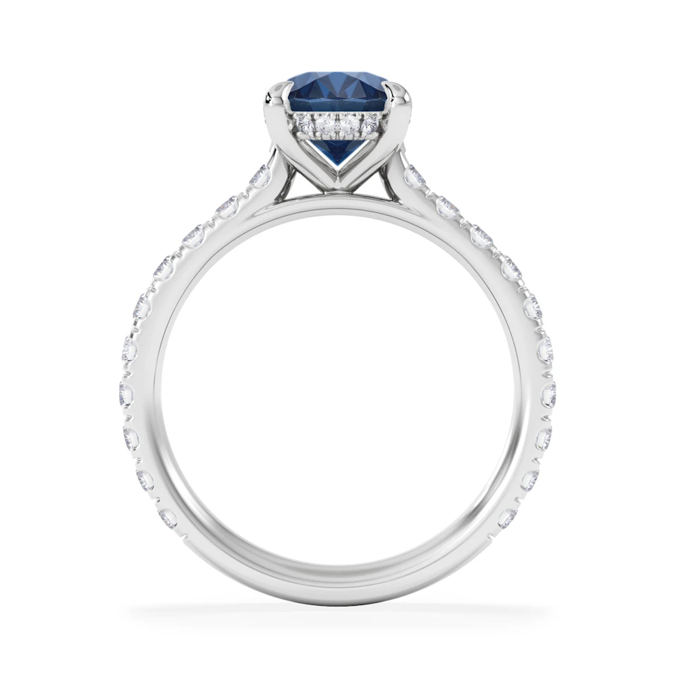 Amora Gem 2.00ct Oval Cut Lab Sapphire Hidden Halo Engagement Ring with Side Stones in 18K White Gold