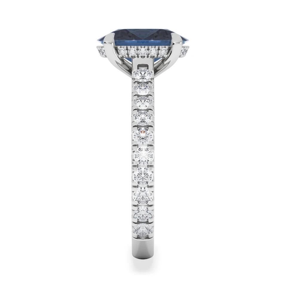Amora Gem 2.00ct Oval Cut Lab Sapphire Hidden Halo Engagement Ring with Side Stones in 18K White Gold
