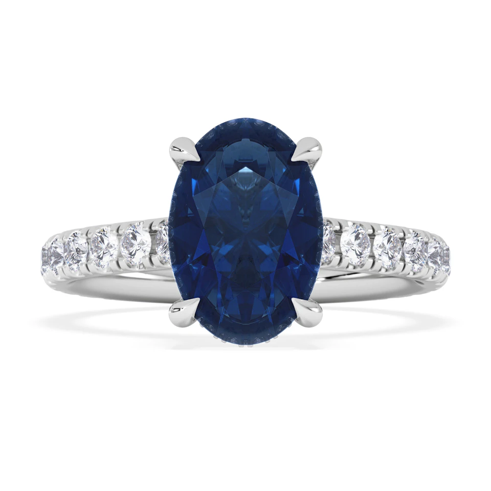 Amora Gem 2.00ct Oval Cut Lab Sapphire Hidden Halo Engagement Ring with Side Stones in 18K White Gold