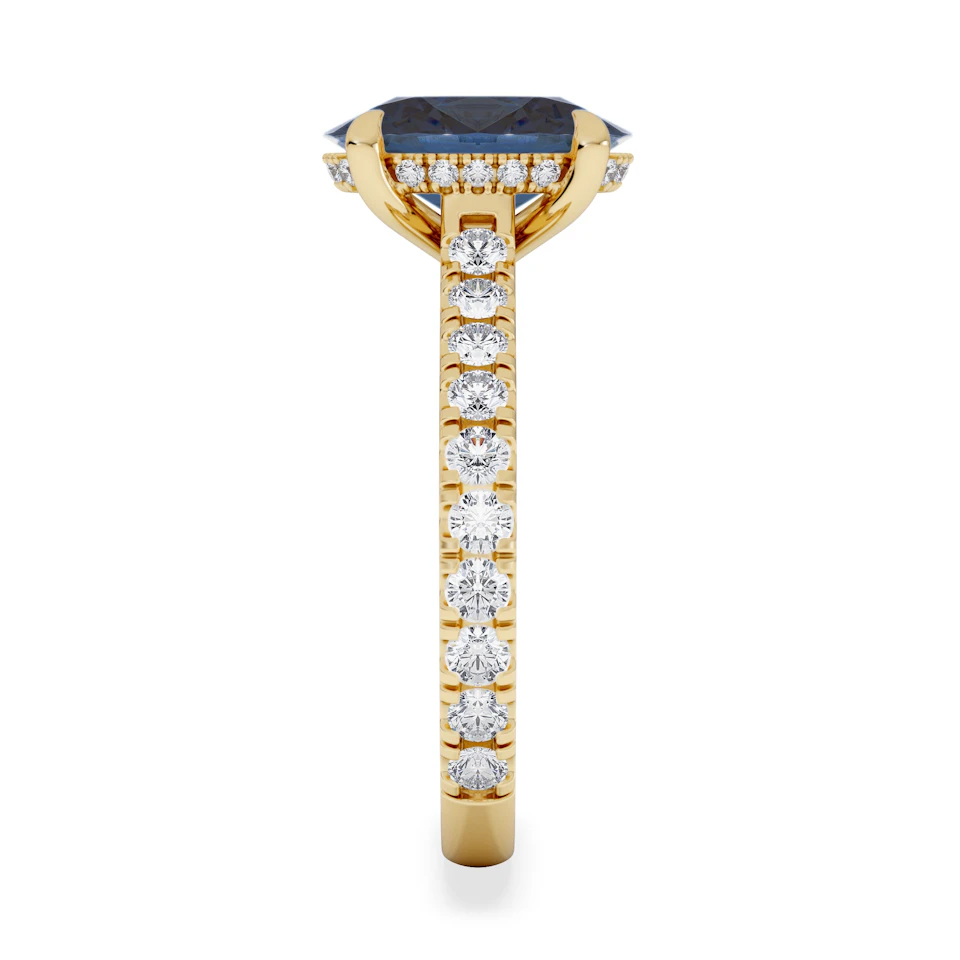 Amora Gem 2.00ct Oval Cut Lab Sapphire Hidden Halo Engagement Ring with Side Stones in 18K Yellow Gold