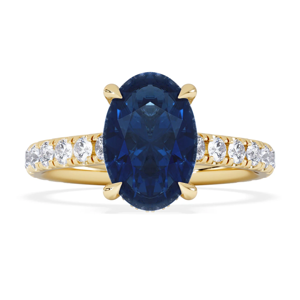 Amora Gem 2.00ct Oval Cut Lab Sapphire Hidden Halo Engagement Ring with Side Stones in 18K Yellow Gold