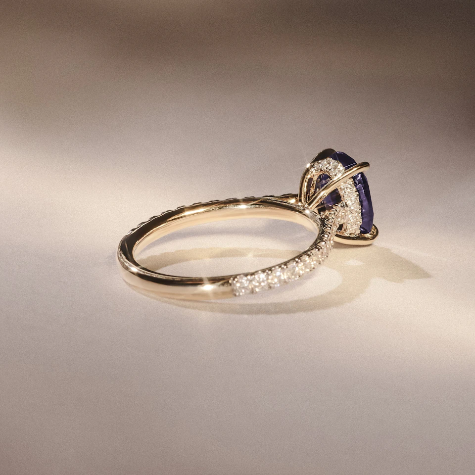 Amora Gem 2.00ct Oval Cut Lab Sapphire Hidden Halo Engagement Ring with Side Stones in 18K Yellow Gold