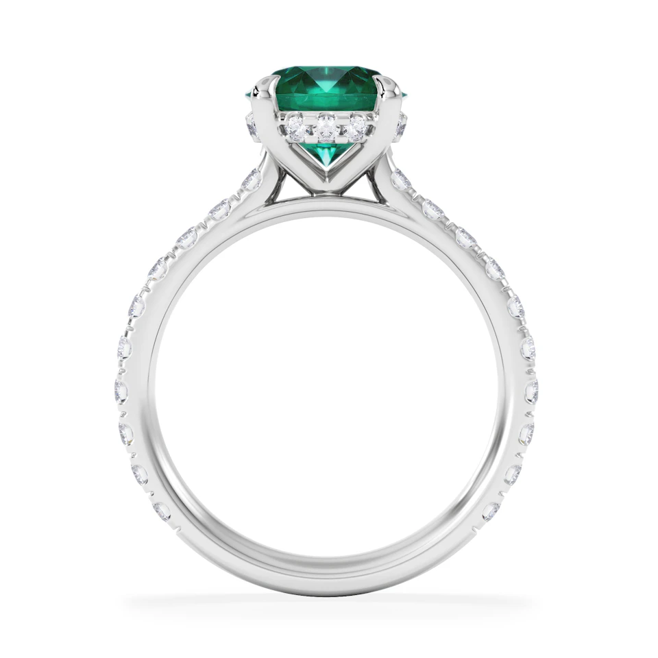 Amora Gem 2.00ct Round Cut Lab Emerald Hidden Halo Engagement Ring with Side Stones in 18K White Gold