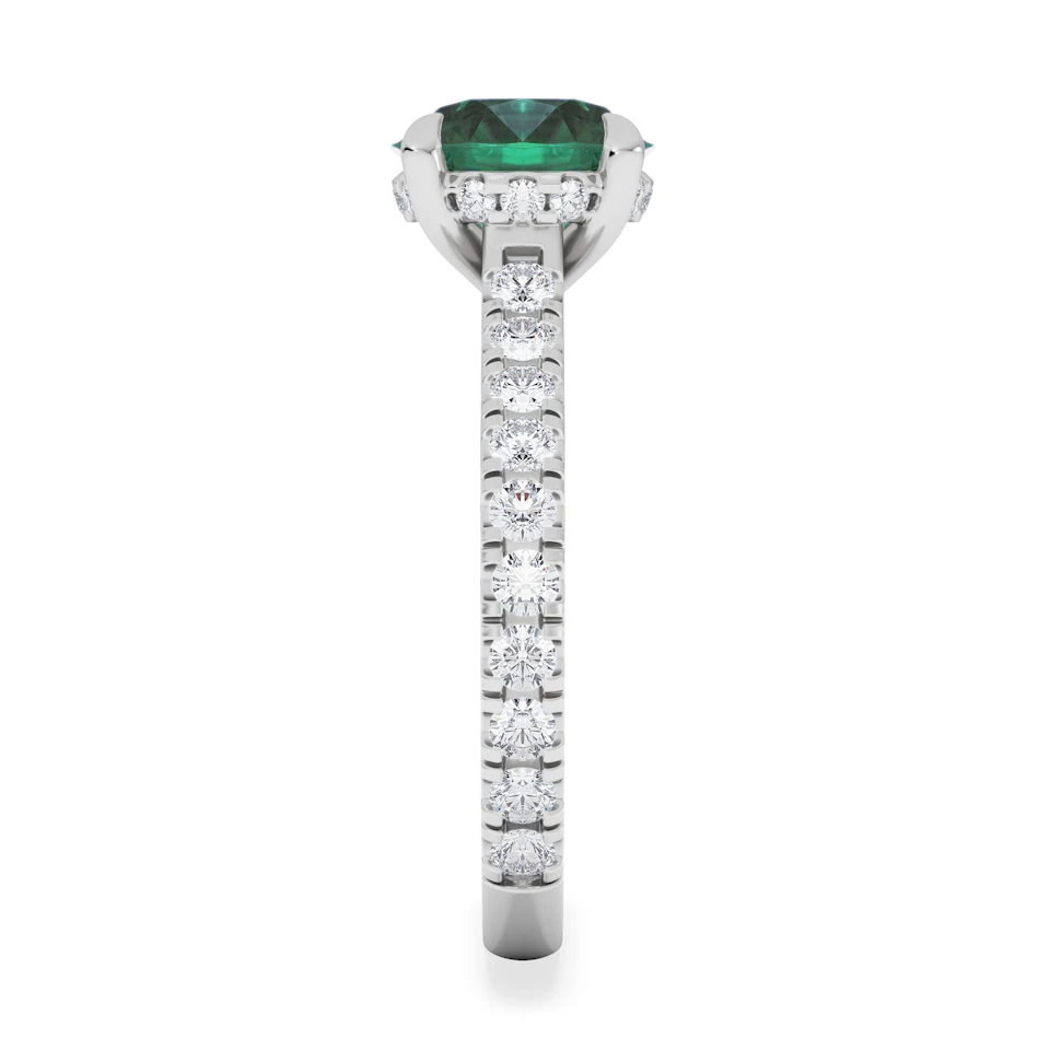 Amora Gem 2.00ct Round Cut Lab Emerald Hidden Halo Engagement Ring with Side Stones in 18K White Gold