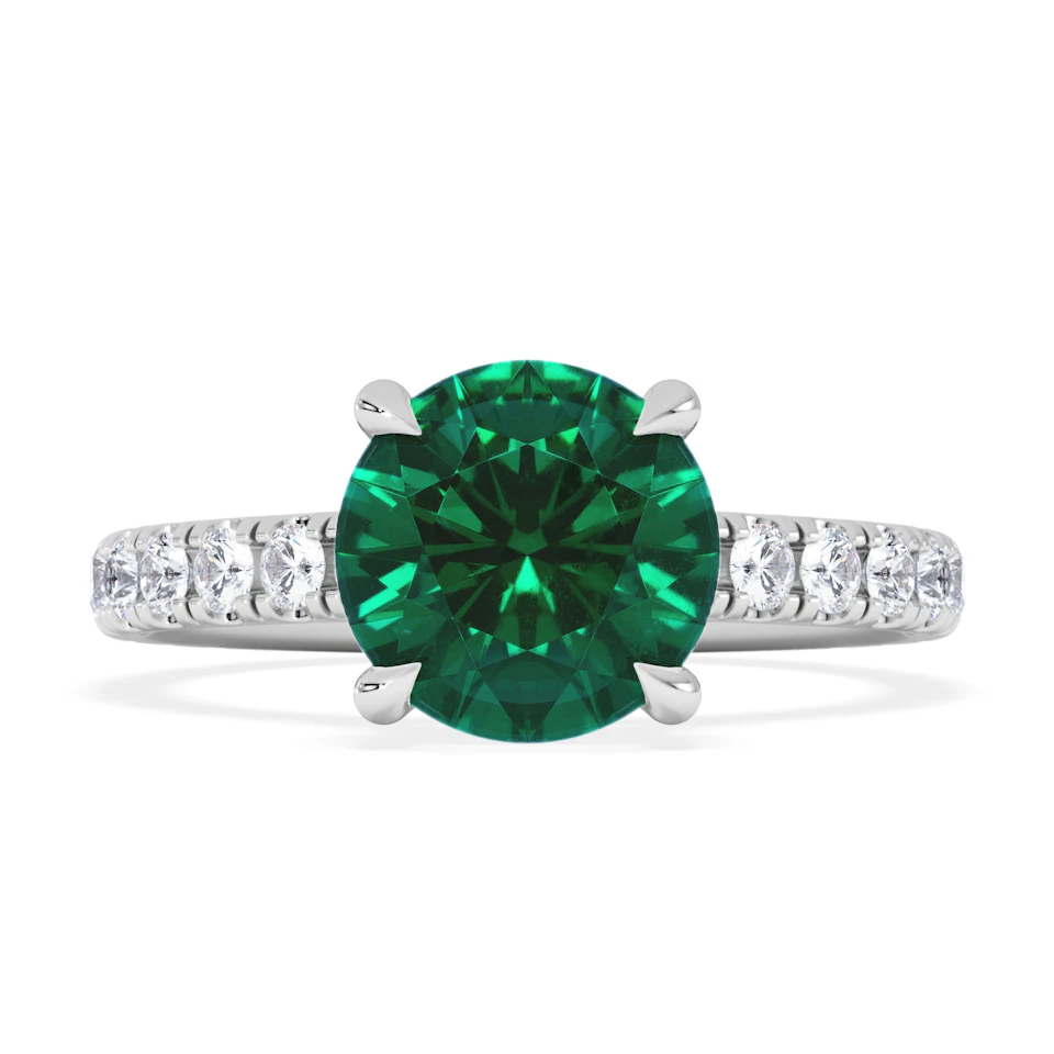 Amora Gem 2.00ct Round Cut Lab Emerald Hidden Halo Engagement Ring with Side Stones in 18K White Gold