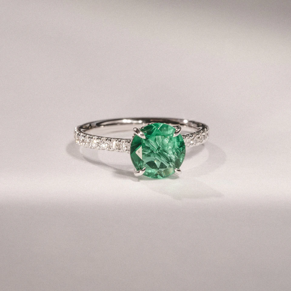 Amora Gem 2.00ct Round Cut Lab Emerald Hidden Halo Engagement Ring with Side Stones in 18K White Gold