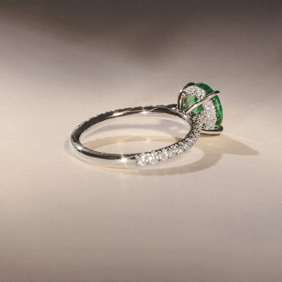 Amora Gem 2.00ct Round Cut Lab Emerald Hidden Halo Engagement Ring with Side Stones in 18K White Gold
