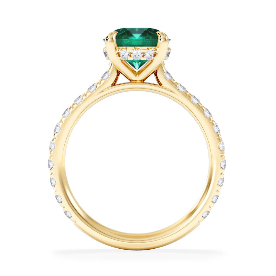 Amora Gem 2.00ct Round Cut Lab Emerald Hidden Halo Engagement Ring with Side Stones in 18K Yellow Gold