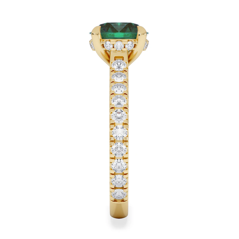 Amora Gem 2.00ct Round Cut Lab Emerald Hidden Halo Engagement Ring with Side Stones in 18K Yellow Gold