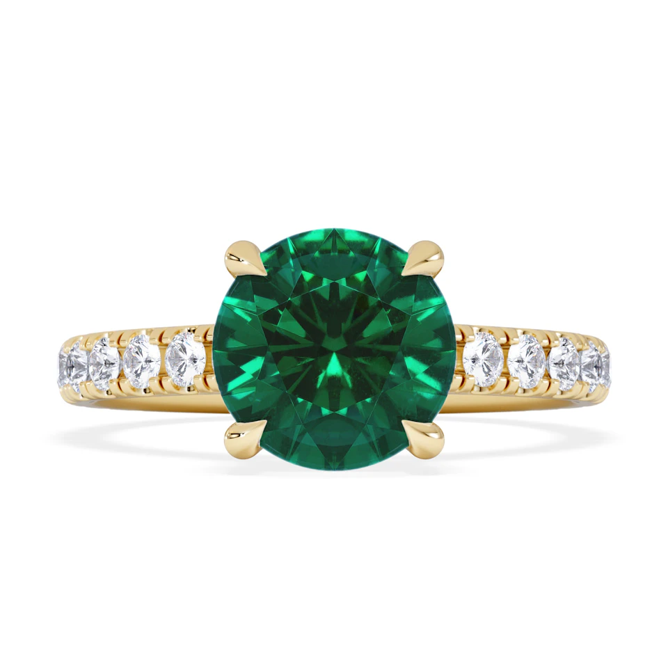 Amora Gem 2.00ct Round Cut Lab Emerald Hidden Halo Engagement Ring with Side Stones in 18K Yellow Gold