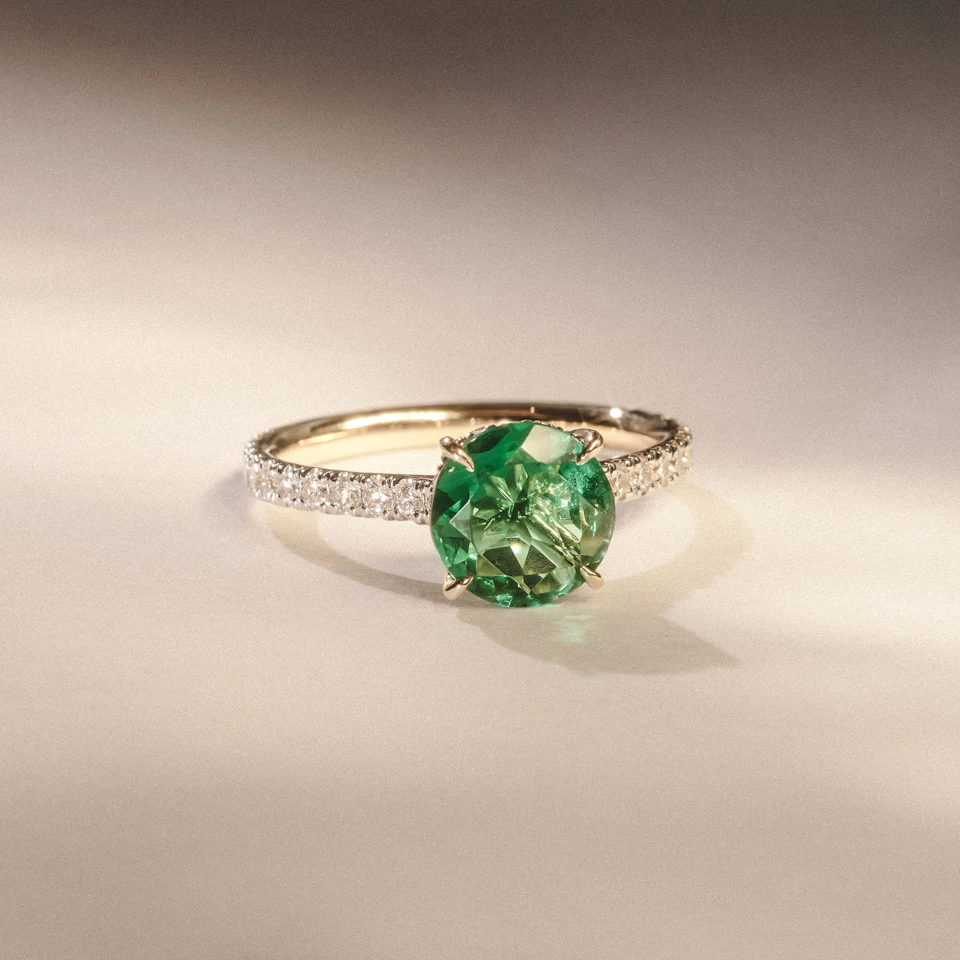Amora Gem 2.00ct Round Cut Lab Emerald Hidden Halo Engagement Ring with Side Stones in 18K Yellow Gold