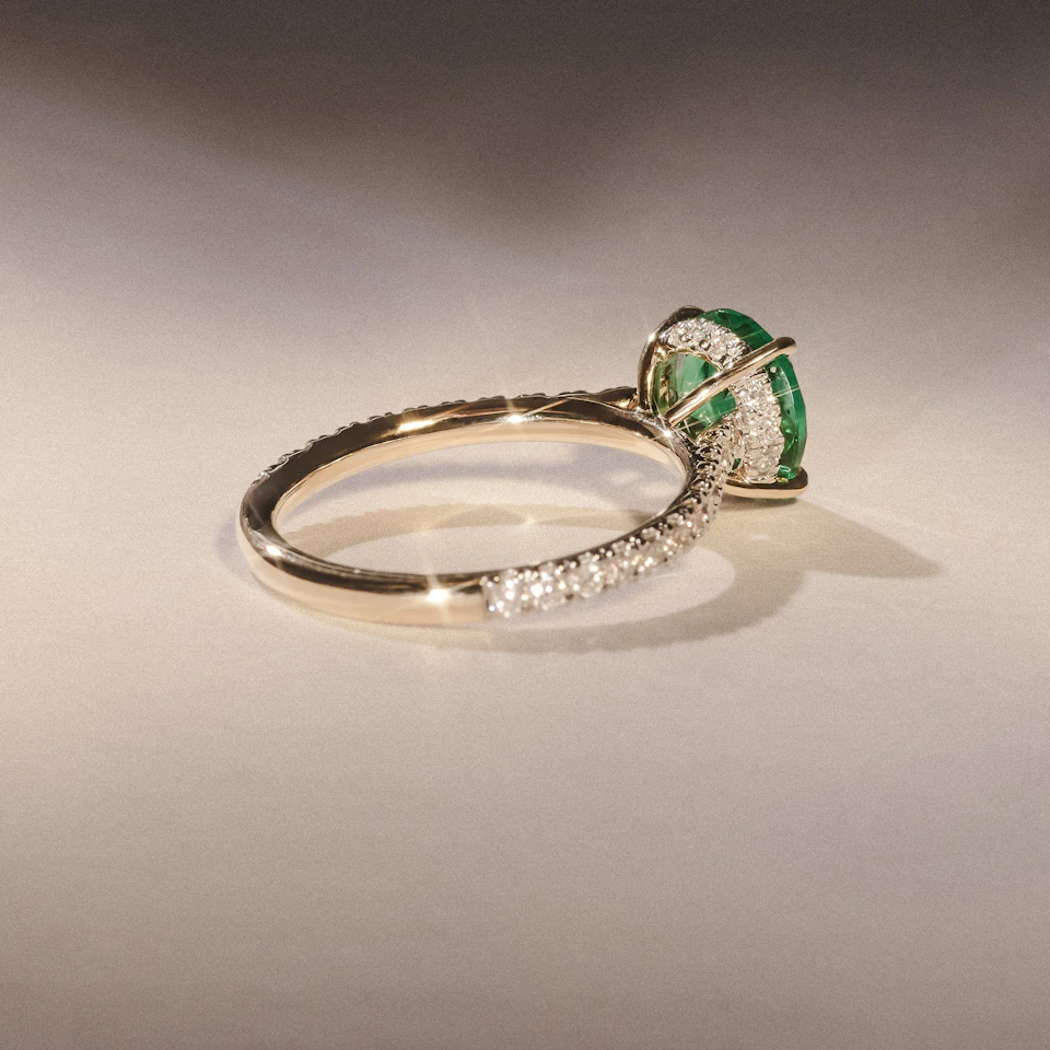 Amora Gem 2.00ct Round Cut Lab Emerald Hidden Halo Engagement Ring with Side Stones in 18K Yellow Gold