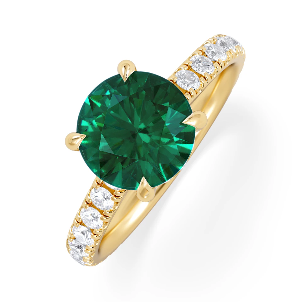 Amora Gem 2.00ct Round Cut Lab Emerald Hidden Halo Engagement Ring with Side Stones in 18K Yellow Gold