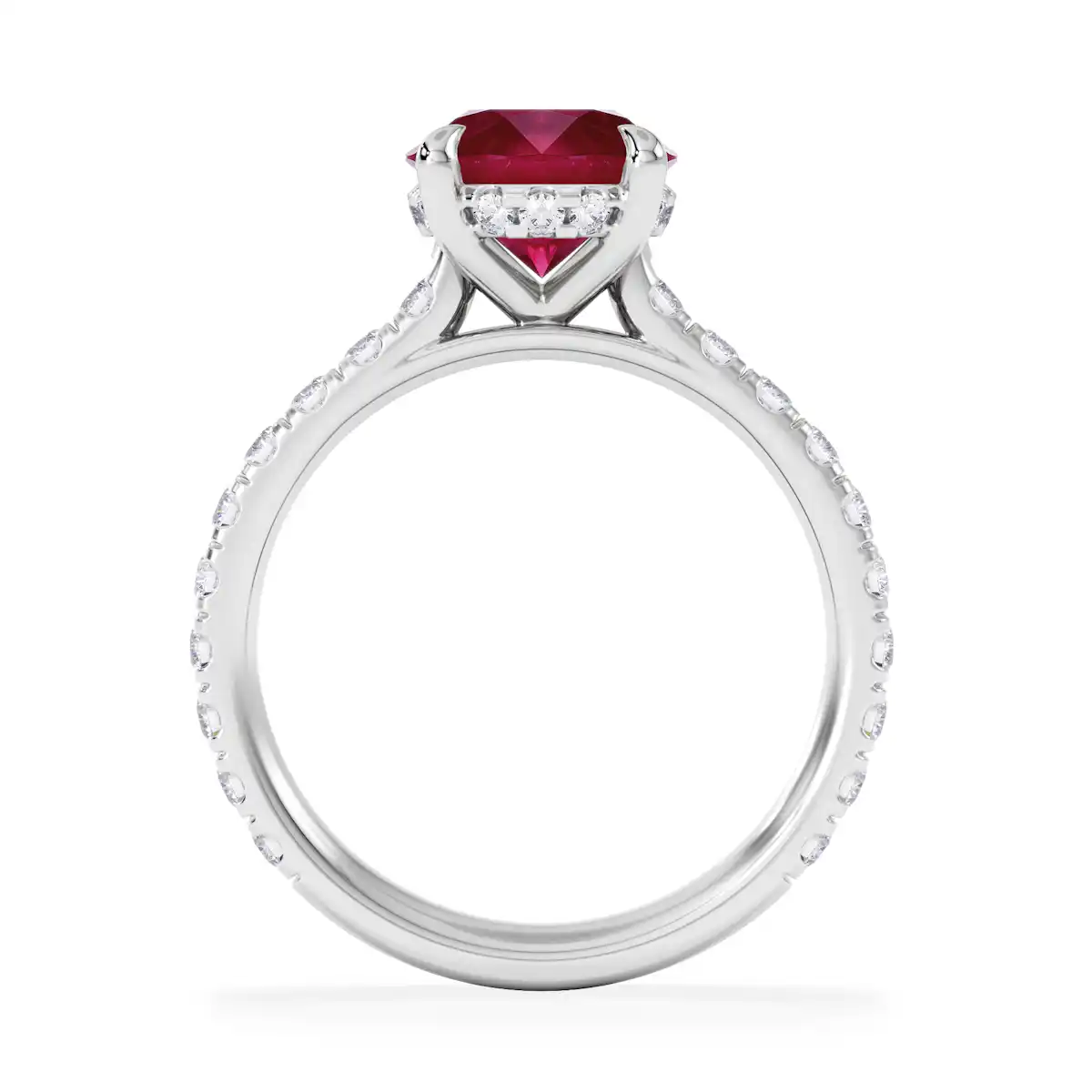 Amora Gem 2.00ct Round Cut Lab Ruby Hidden Halo Engagement Ring with Side Stones in 18K White Gold
