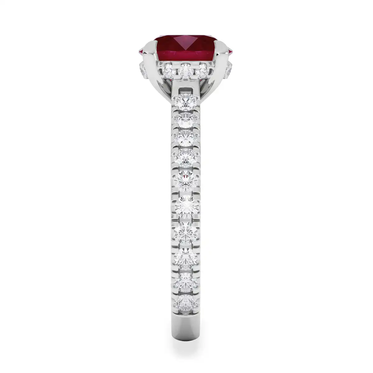 Amora Gem 2.00ct Round Cut Lab Ruby Hidden Halo Engagement Ring with Side Stones in 18K White Gold