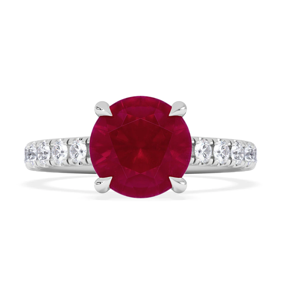 Amora Gem 2.00ct Round Cut Lab Ruby Hidden Halo Engagement Ring with Side Stones in 18K White Gold