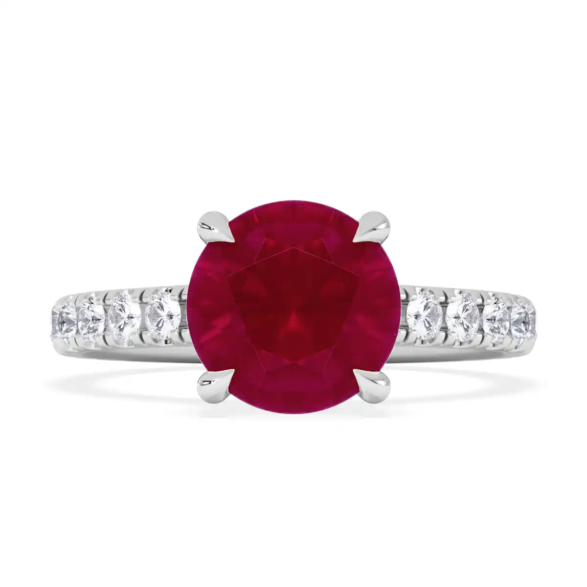 Amora Gem 2.00ct Round Cut Lab Ruby Hidden Halo Engagement Ring with Side Stones in 18K White Gold