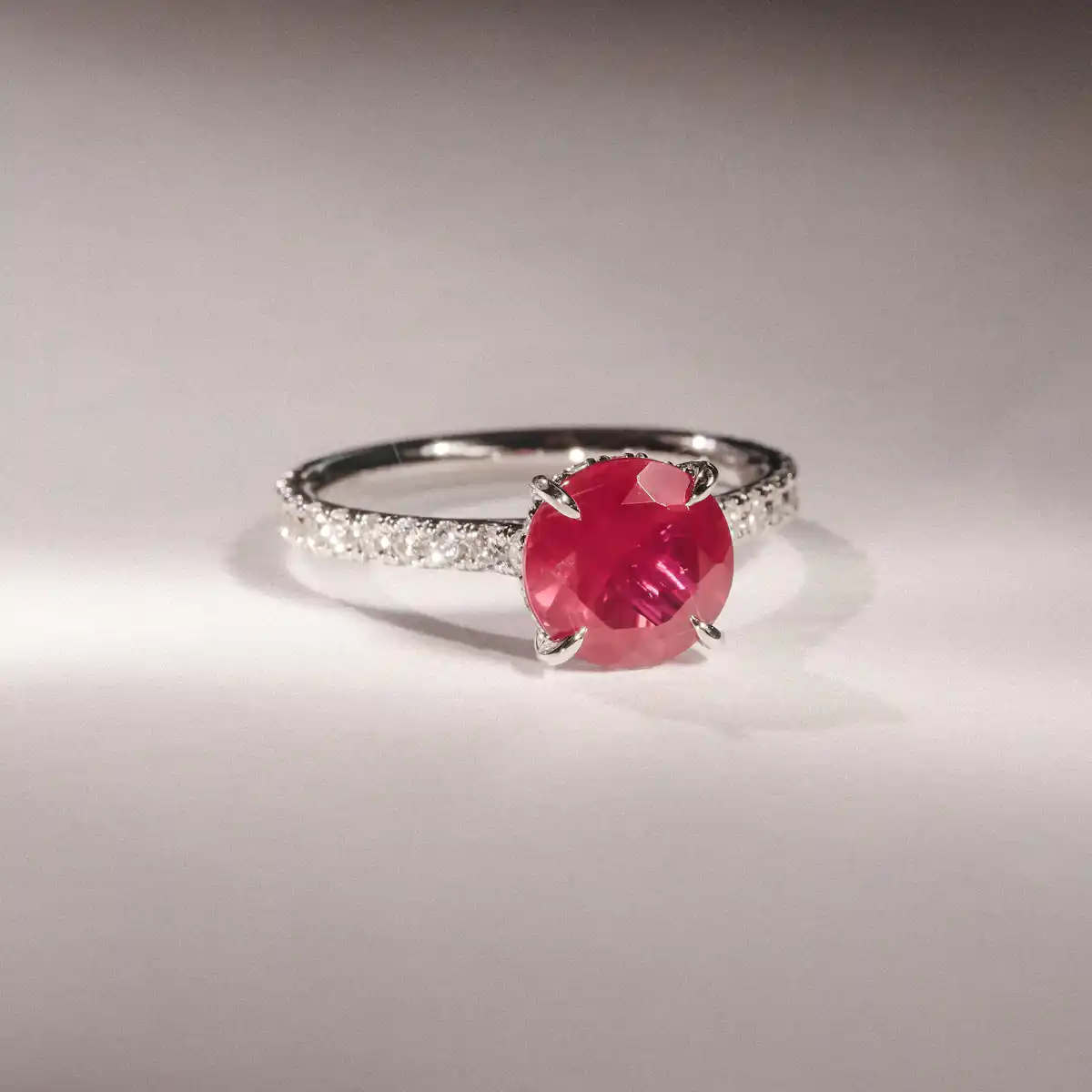 Amora Gem 2.00ct Round Cut Lab Ruby Hidden Halo Engagement Ring with Side Stones in 18K White Gold