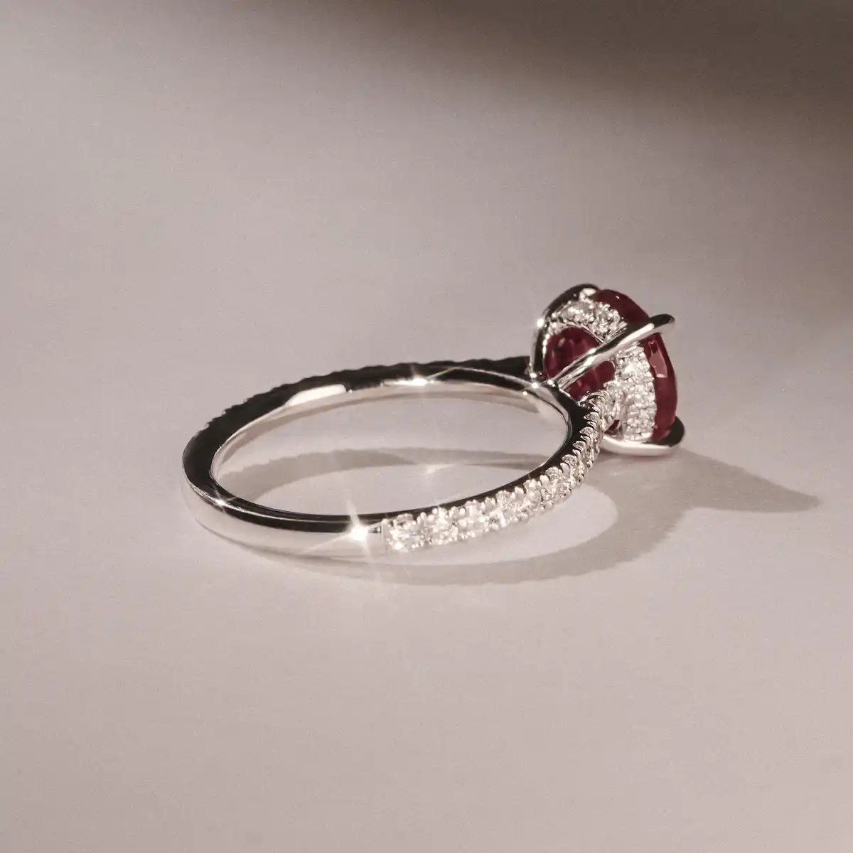 Amora Gem 2.00ct Round Cut Lab Ruby Hidden Halo Engagement Ring with Side Stones in 18K White Gold