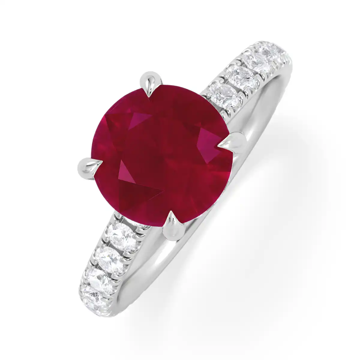Amora Gem 2.00ct Round Cut Lab Ruby Hidden Halo Engagement Ring with Side Stones in 18K White Gold