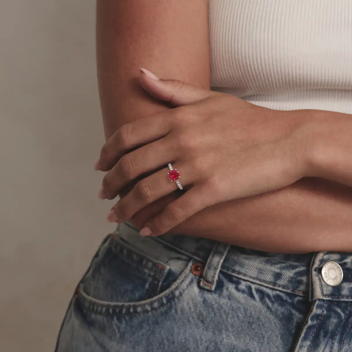 Amora Gem 2.00ct Round Cut Lab Ruby Hidden Halo Engagement Ring with Side Stones in 18K White Gold