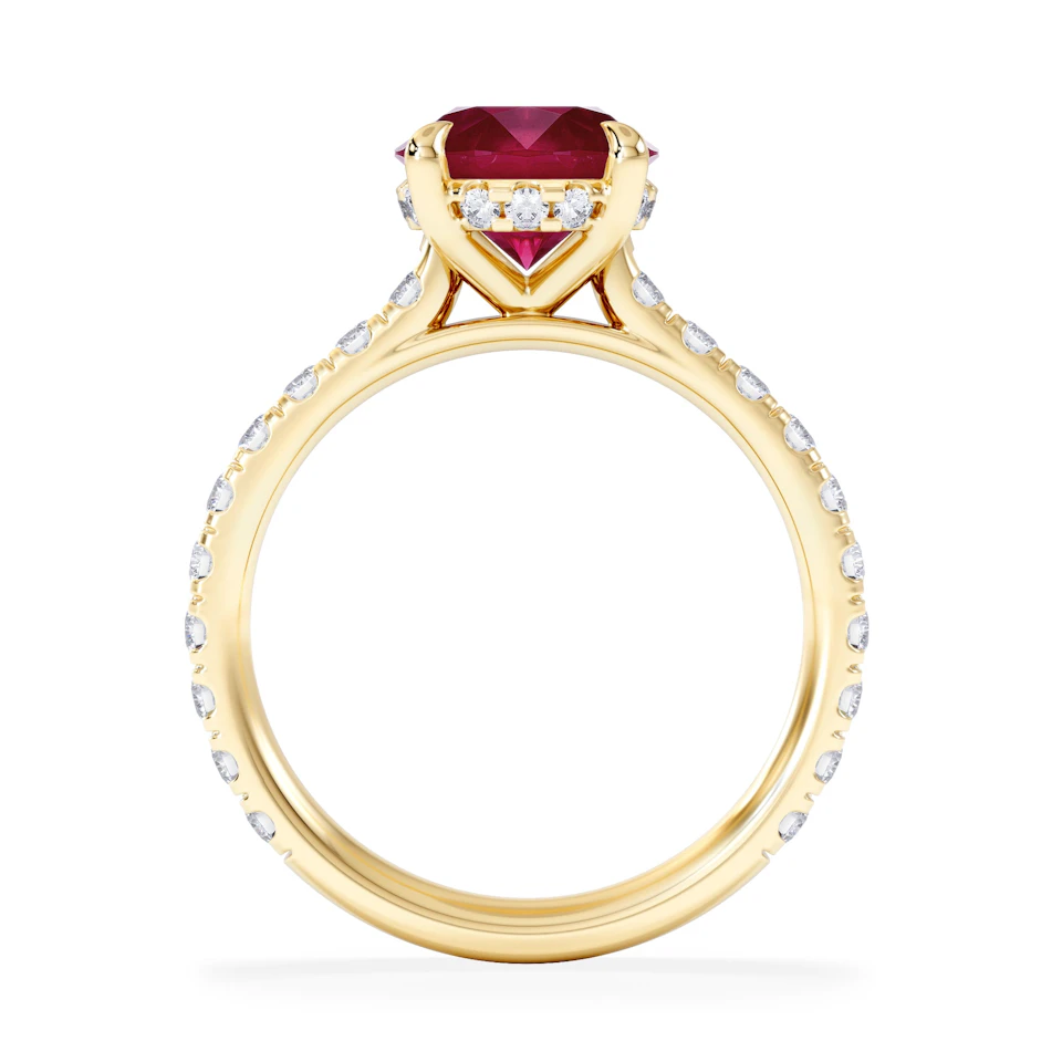 Amora Gem 2.00ct Round Cut Lab Ruby Hidden Halo Engagement Ring with Side Stones in 18K Yellow Gold
