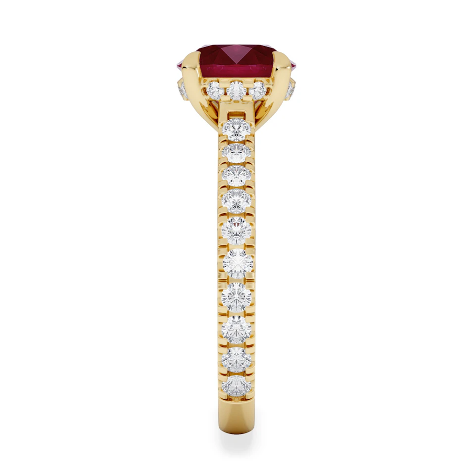 Amora Gem 2.00ct Round Cut Lab Ruby Hidden Halo Engagement Ring with Side Stones in 18K Yellow Gold
