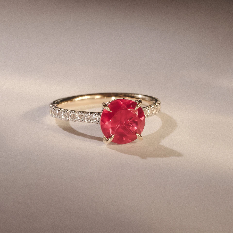Amora Gem 2.00ct Round Cut Lab Ruby Hidden Halo Engagement Ring with Side Stones in 18K Yellow Gold