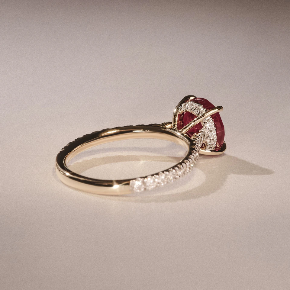 Amora Gem 2.00ct Round Cut Lab Ruby Hidden Halo Engagement Ring with Side Stones in 18K Yellow Gold